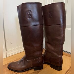 Frye Demy Cuff women's brown leather riding boots made in Spain.